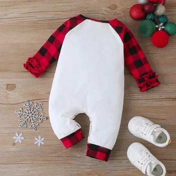 Nov Baby Božič Oblačila Baby Dekle Obleko Luštna Rogovja Pingvin Mozaik Kariran Dolg Rokav Baby Jumpsuit Baby Romper 0-18 M 1