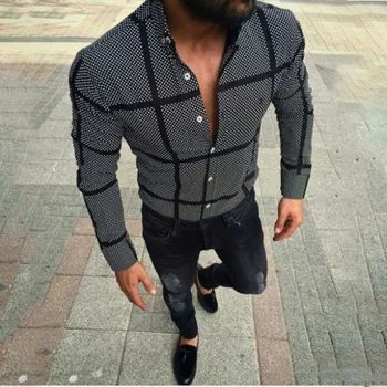 2020 Moških Slim Jeseni Tiskanje Mrežo Majice z Dolgimi Rokavi Priložnostne Stranka Fitnes Formalno Bluze M - 3XL 31064