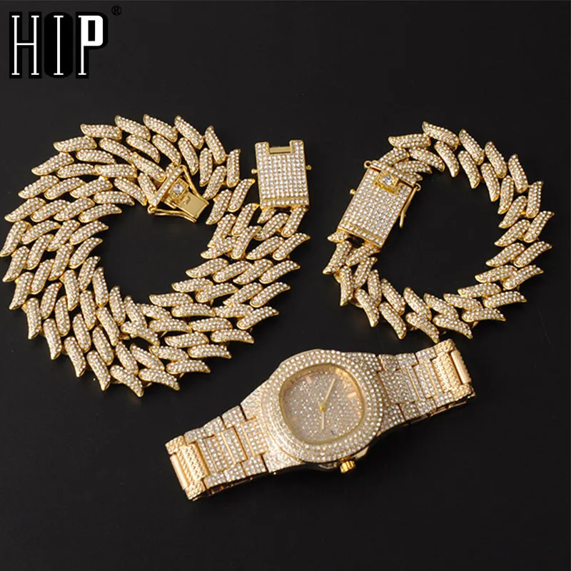 Hip Hop 19 MM 3PCS KIT Watch+Ogrlica+Zapestnica Bling AAA+ Ledeni Iz Zlitine Okrasnih Trnje Kubanski Povezavo Verig Za Moške Nakit 5