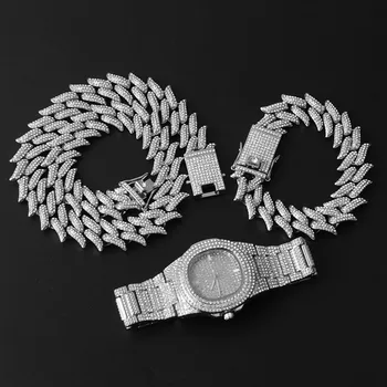 Hip Hop 19 MM 3PCS KIT Watch+Ogrlica+Zapestnica Bling AAA+ Ledeni Iz Zlitine Okrasnih Trnje Kubanski Povezavo Verig Za Moške Nakit 3