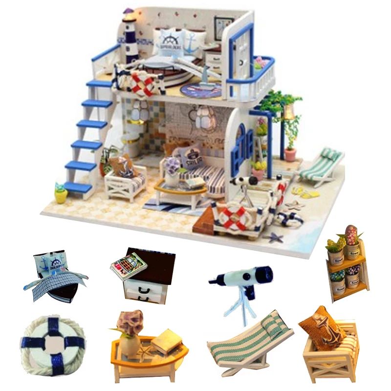 MODRA OBALI Lutka Hiša Miniaturni Lutke DIY Lesena Hiša S Pohištvom Izobraževalne Igrače Za Otroke Rojstni dan Otroka Darilo 2