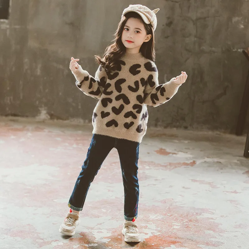 Otroci Baby dekleta Obleke, Puloverji Leopard Pleteni Pulover Priložnostne Dolg Rokav Otrok Vrhovi Toddle 3 4 5 6 7 8 9 10 11 12 leta 2