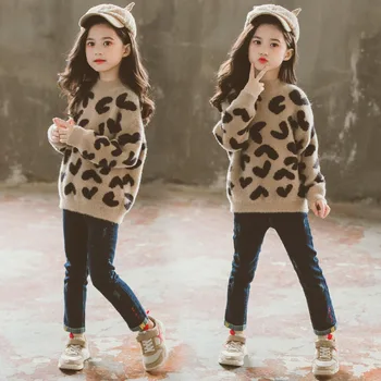 Otroci Baby dekleta Obleke, Puloverji Leopard Pleteni Pulover Priložnostne Dolg Rokav Otrok Vrhovi Toddle 3 4 5 6 7 8 9 10 11 12 leta 1