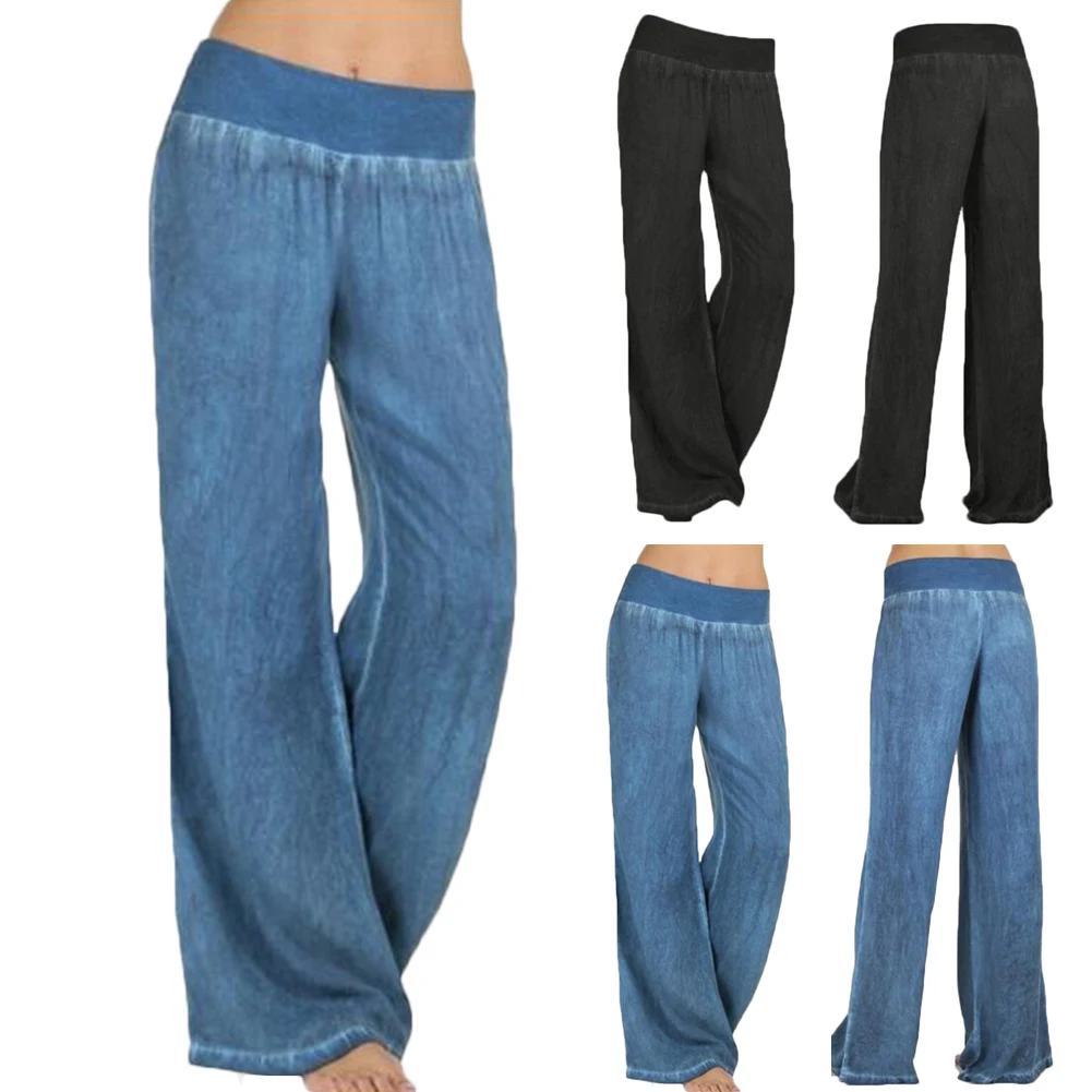 Plus Velikost S-4XL udobno črno modra svoboden širok noge denim Ženske Jeans Hlače, Plus Velikost elastični pas kavboj polno dolgo 1