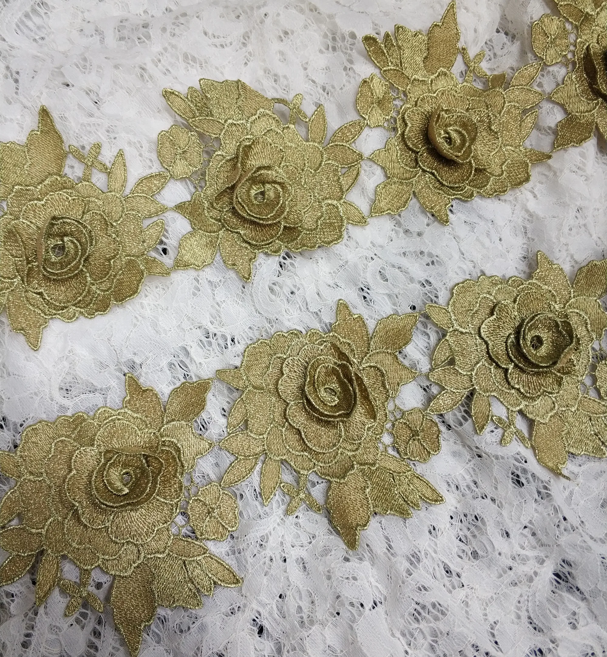 3 Metrov Zlato 3D Rose Beneške Čipke Trim Cvet Kvačkane Čipke Aplicirano Trim Poroko Čipke DIY Šivanje Obrti 0