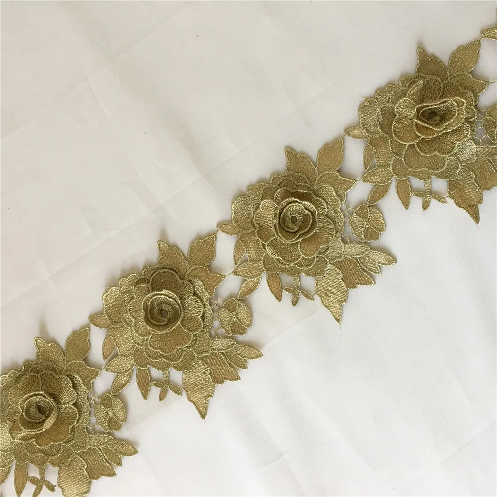 3 Metrov Zlato 3D Rose Beneške Čipke Trim Cvet Kvačkane Čipke Aplicirano Trim Poroko Čipke DIY Šivanje Obrti 3