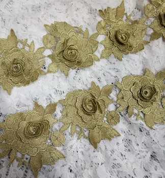 3 Metrov Zlato 3D Rose Beneške Čipke Trim Cvet Kvačkane Čipke Aplicirano Trim Poroko Čipke DIY Šivanje Obrti 3604