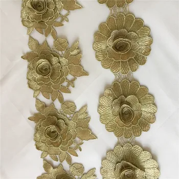 3 Metrov Zlato 3D Rose Beneške Čipke Trim Cvet Kvačkane Čipke Aplicirano Trim Poroko Čipke DIY Šivanje Obrti 1