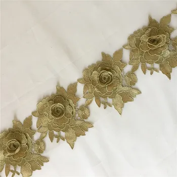 3 Metrov Zlato 3D Rose Beneške Čipke Trim Cvet Kvačkane Čipke Aplicirano Trim Poroko Čipke DIY Šivanje Obrti 3