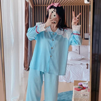 2021 Pomlad Poletje Saten Svila Dolg Rokav Pajama Kompleti za Ženske korejski Lepe Čipke Sleepwear Pižame Homewear Pijama Mujer Oblačila 36360