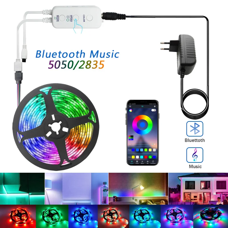 Novi Bluetooth Glasbe LED Trakovi Luči 20M RGB 5050 SMD Prilagodljiv Trak, Vodotesen RGB LED Luči 10M 15M Trak Diod DC 12V Adapter 3
