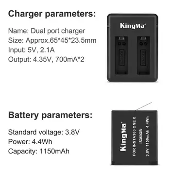 Original Kingma 1150mah 2pcs baterija litij baterije+Dual Polnilec Za Insta 360 ONE X Insta360 X Fotoaparat Opremo 2