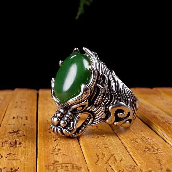 Resnična green jade obroč volk glavo raztegljivo hetian jade obroč 925 sterling srebro moških prstanov obroč, nakit blagovne znamke 3