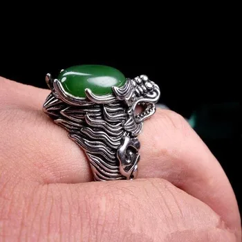 Resnična green jade obroč volk glavo raztegljivo hetian jade obroč 925 sterling srebro moških prstanov obroč, nakit blagovne znamke 0