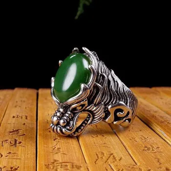 Resnična green jade obroč volk glavo raztegljivo hetian jade obroč 925 sterling srebro moških prstanov obroč, nakit blagovne znamke 3