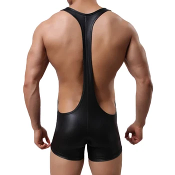 Seksi Moških Spodnja Faux Usnja PU Rokoborba Singletnega Jumpsuit Suspender Teddies Perilo iz Enega Kosa Obleka Black 3918