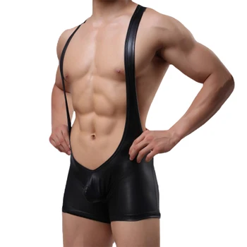 Seksi Moških Spodnja Faux Usnja PU Rokoborba Singletnega Jumpsuit Suspender Teddies Perilo iz Enega Kosa Obleka Black 1