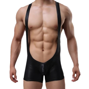 Seksi Moških Spodnja Faux Usnja PU Rokoborba Singletnega Jumpsuit Suspender Teddies Perilo iz Enega Kosa Obleka Black 5