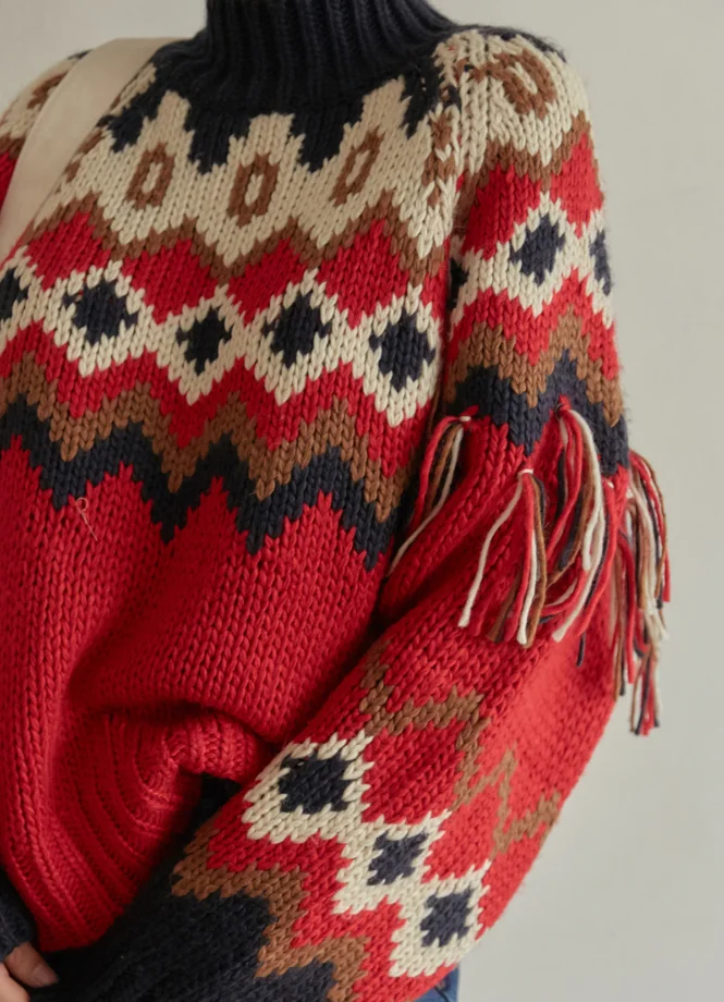 TEELYNN dolg rokav jeseni, pozimi topel pulover Božič starana rdeča jacquardske ženske pletene puloverje boho tassle skakalec puloverju 3