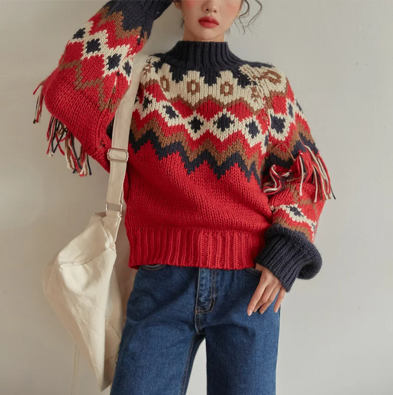 TEELYNN dolg rokav jeseni, pozimi topel pulover Božič starana rdeča jacquardske ženske pletene puloverje boho tassle skakalec puloverju 4