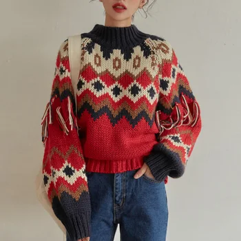 TEELYNN dolg rokav jeseni, pozimi topel pulover Božič starana rdeča jacquardske ženske pletene puloverje boho tassle skakalec puloverju 1