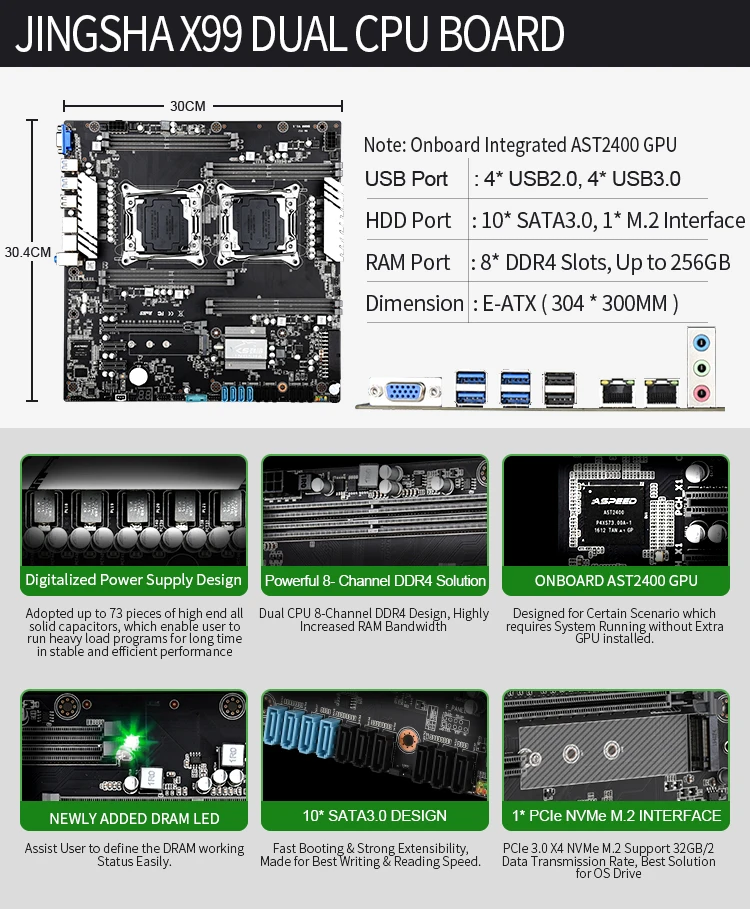 Dual CPU X99 Motherboard LGA 2011-V3/V4 E-ATX USB3.0 SATA3 NVME M. 2 Reža Dual Xeon Procesorja, matične plošče Dual Giga LAN 4