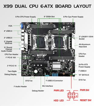 Dual CPU X99 Motherboard LGA 2011-V3/V4 E-ATX USB3.0 SATA3 NVME M. 2 Reža Dual Xeon Procesorja, matične plošče Dual Giga LAN 0