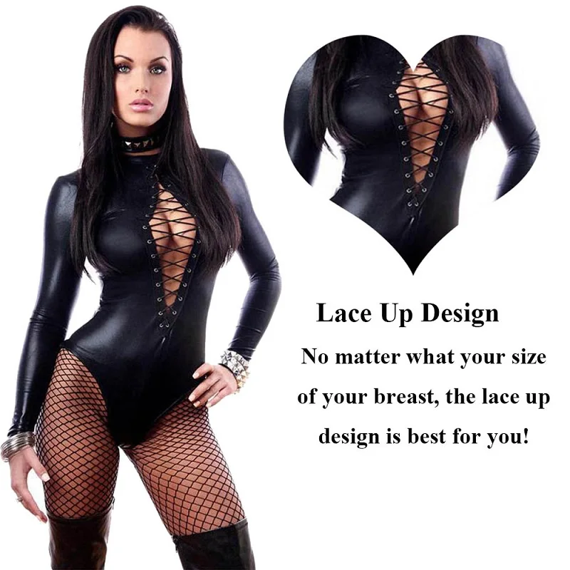 Do leta 2020 S-5XL Plus Velikost Sexy Klub Jumpsuit Ženske PU Usnje Perilo Bodysuits Erotično Leotard Kostume Mačka obleko More Dolgo Slee 5