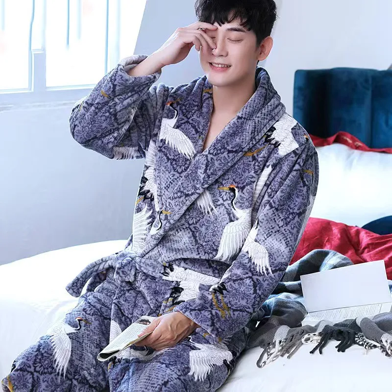 Toplo Sleepwear Plus Velikost 3XL Pozimi Debele Nightgown Kitajskih Moških Priložnostne Flanela Zmaj Žerjav Haljo Priložnostne Svoboden Kimono kopalni plašč 4