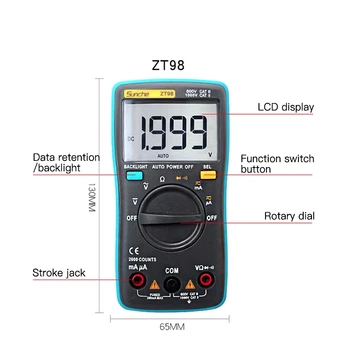 ZT98 100 101 Digitalni Auto Obseg Prenosni Multimeter 6000 šteje Ozadja Voltmeter Ampermeter Ohm 2