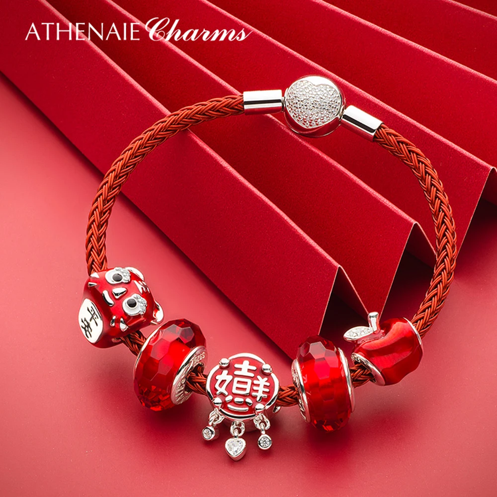ATHENAIE 925 Sterling Srebrni Red Emajl Kitajski Slog Novo Leto Najboljše Želje Čar za Zapestnico 3
