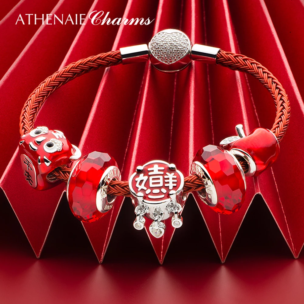 ATHENAIE 925 Sterling Srebrni Red Emajl Kitajski Slog Novo Leto Najboljše Želje Čar za Zapestnico 4