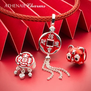 ATHENAIE 925 Sterling Srebrni Red Emajl Kitajski Slog Novo Leto Najboljše Želje Čar za Zapestnico 2