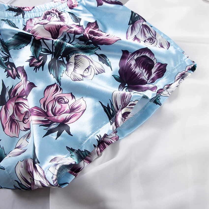 Moda Rose Tiskanja Suspender Pižamo Nastavite Saten Seksi Ženske Pižame Sleepwear Poletje brez Rokavov V-neck Top kratke Hlače Za Spanje 3