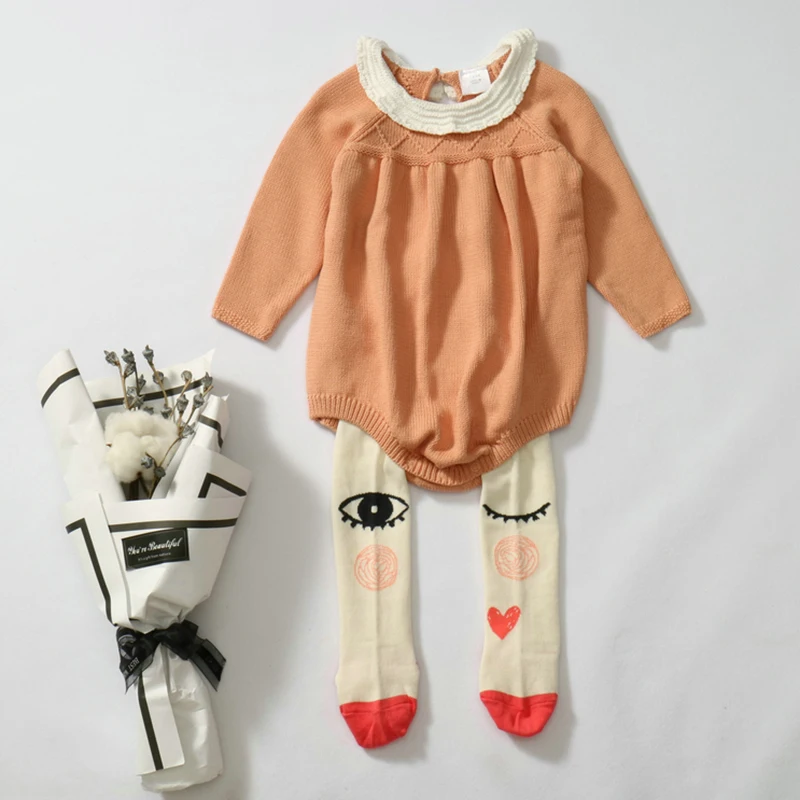 2019 Jeseni Dolg Rokav Baby Dekle Romper Pleteno Obleko 0-5Yrs Pletene Otroške igralne obleke Bombaž Otroci Oblačila Toddlers Jumpsuits 2