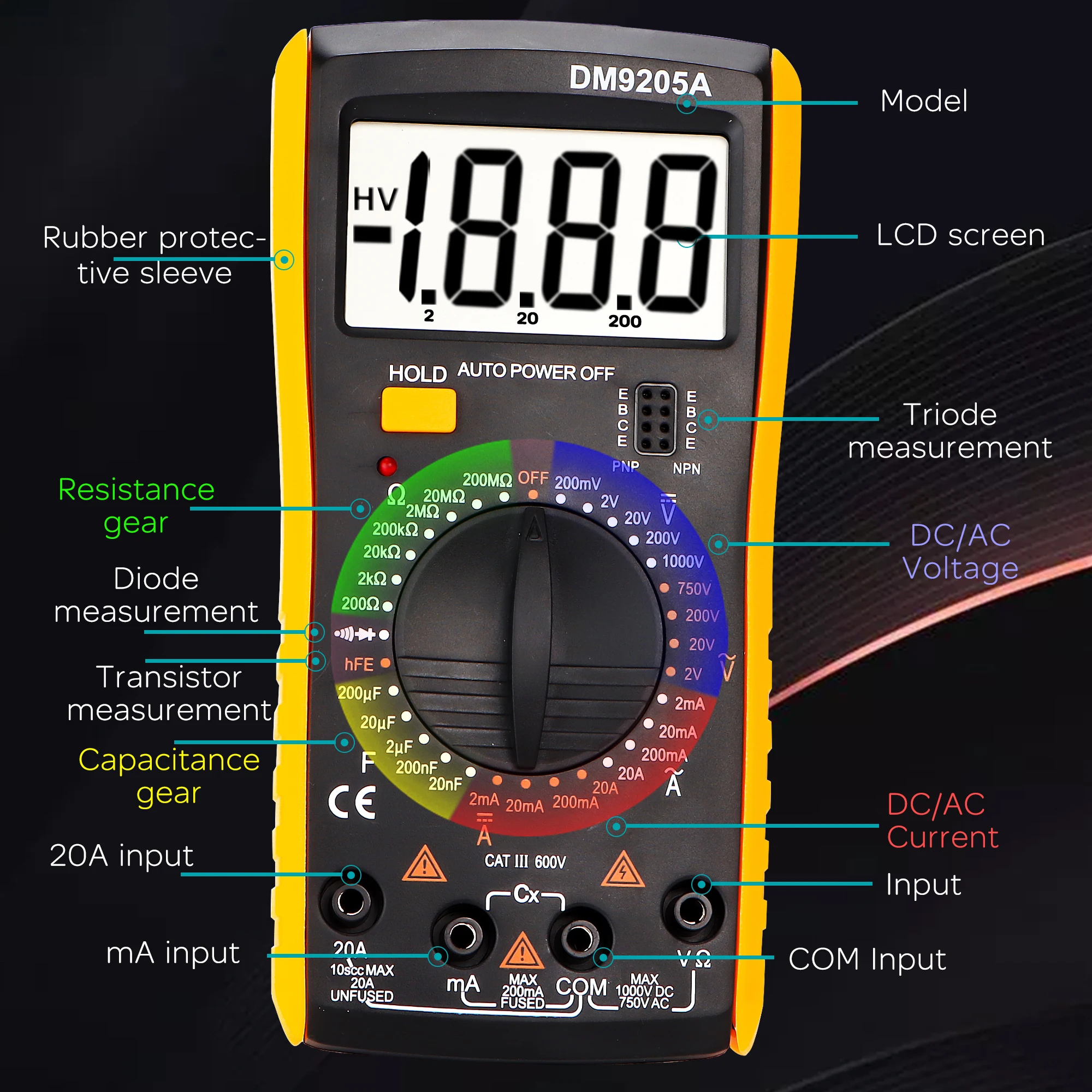 Prenosni Digitalni Multimeter AC / DC Ampermeter Volt Ohm Tester Meter Multimetro Z Termočlen LCD Osvetlitev ozadja 2