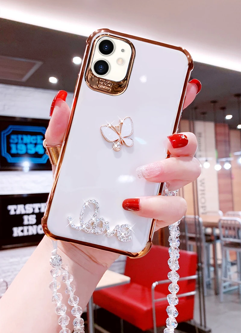 Luksuzni 3D diamond Metulj+Kristalno vrvica za opaljivanje tega Primeru Telefon Za iPhone 11 Pro Max XR XS Max 6s 6 7 8 Plus SE Electroplate mehko Pokrov 2