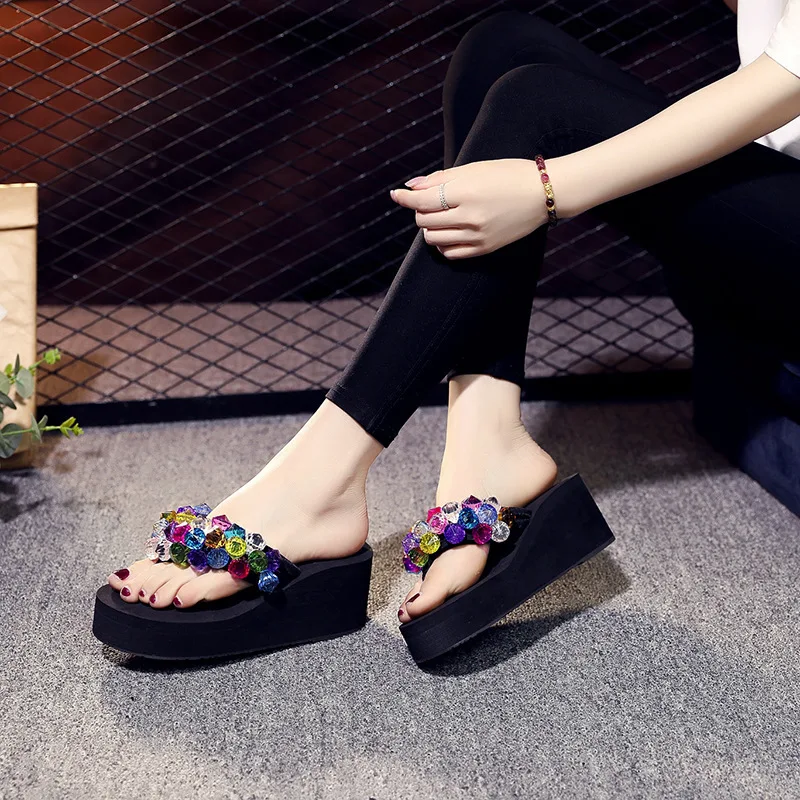 Moda Diy Ročno Nosorogovo Bling Kristalno Copati Ženske Tablice Platformo Visoke Pete Plaži Flip Flops Sandali Zapatos Mujer 4