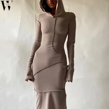 WYHHCJ 2021 Reverzibilna slog Črte Hooded Mozaik Suh Maxi Obleko Jeseni, Pozimi Ženske Ulične Priložnostne Obleke obleke Vroče 4733