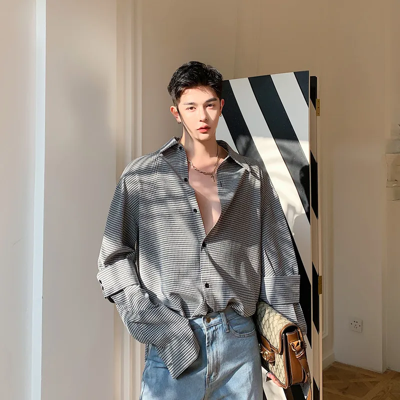 2020 Spomladi In Jeseni Novi korejski Moške Houndstooth Dekonstrukcija Design Dolg Rokav Majica Fashion Priložnostne Top Jakna M-XL 2