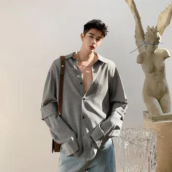 2020 Spomladi In Jeseni Novi korejski Moške Houndstooth Dekonstrukcija Design Dolg Rokav Majica Fashion Priložnostne Top Jakna M-XL 4
