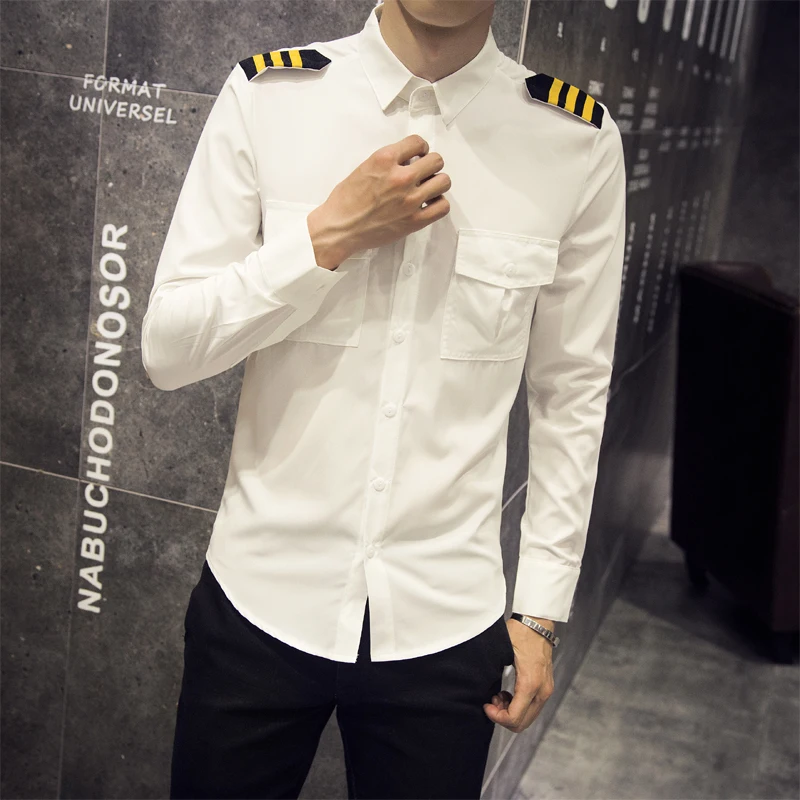 Vetement Homme Moda 2019 Pomlad Britanski Stil Beli Moški, Srajco, Vroče Prodaje Slim Dvojni Žep Dolg Rokav Steward Mens Majice 1