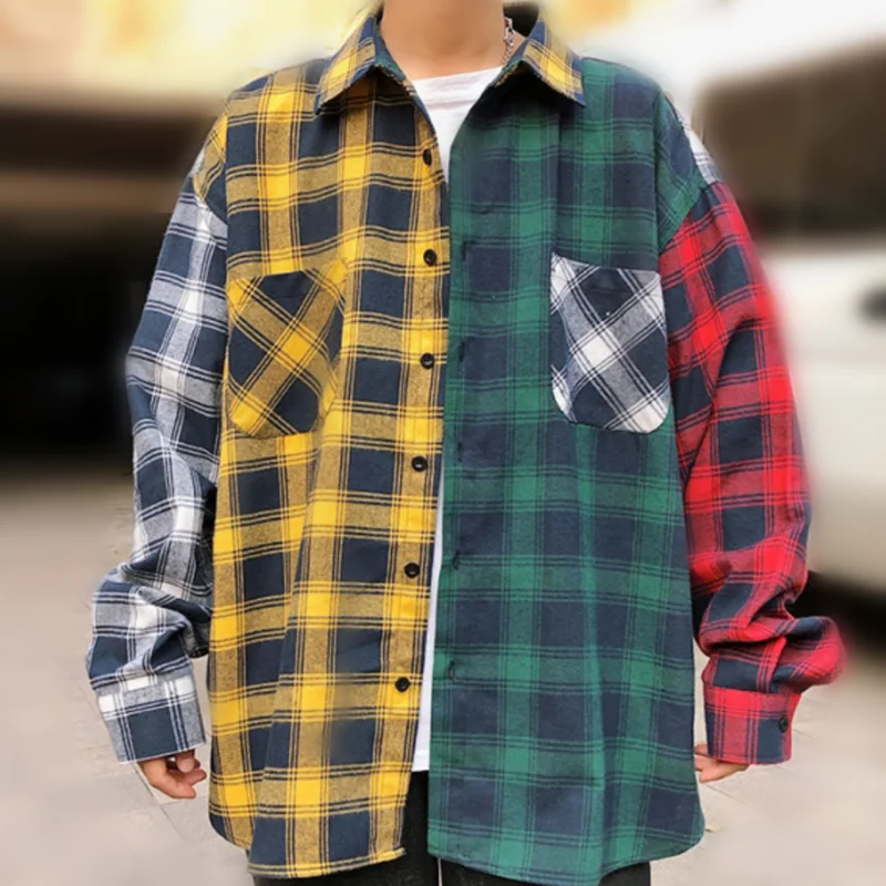 Moške korejski Majica Jeseni Nov Moški Modni Priložnostne Preplete Kontrast Long Sleeve Majica Moški Naravnost Svoboden Kariran Majica 1
