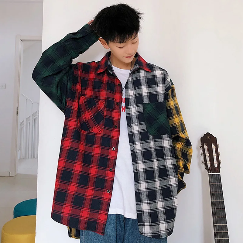Moške korejski Majica Jeseni Nov Moški Modni Priložnostne Preplete Kontrast Long Sleeve Majica Moški Naravnost Svoboden Kariran Majica 2