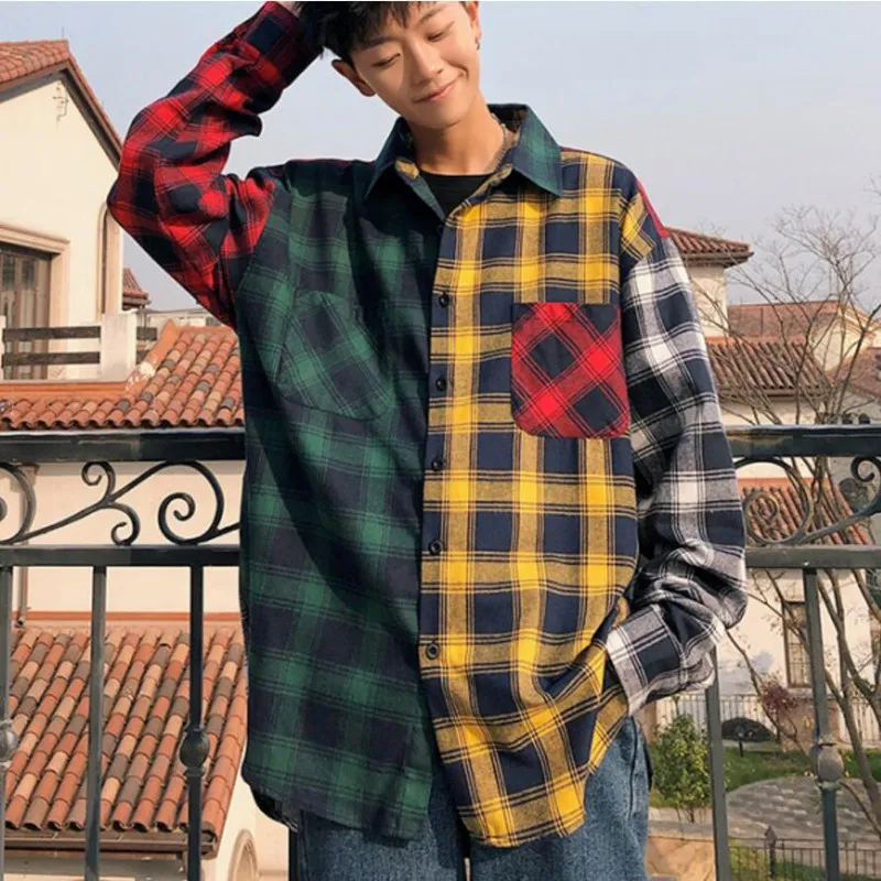 Moške korejski Majica Jeseni Nov Moški Modni Priložnostne Preplete Kontrast Long Sleeve Majica Moški Naravnost Svoboden Kariran Majica 3