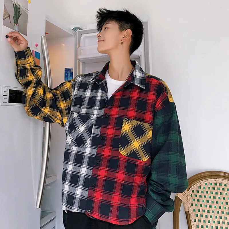 Moške korejski Majica Jeseni Nov Moški Modni Priložnostne Preplete Kontrast Long Sleeve Majica Moški Naravnost Svoboden Kariran Majica 5