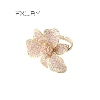 FXLRY Novo modno Oblikovanje zlate barve kubičnih cirkonij velik cvet odprt obroč za ženske, Poroka, Nevesta, Nakit 0