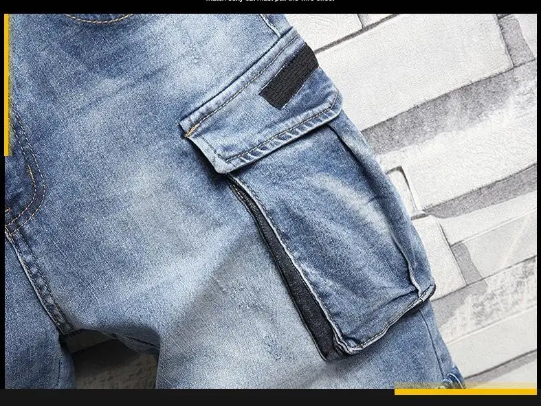 Moški Denim Jeans Hlače Naravnost Traper Hlače Multi-pocket Kavbojke Dobre Kakovosti Moških Svoboden Priložnostne Kratke Jeans Koleno Dolžina Kavbojke 3