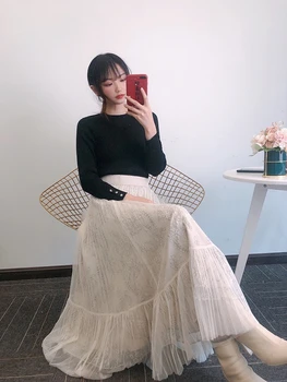 2021 pomlad novo žensk Japonski pleteni pulover vrh + čipke krilo tri-kos obleko 3