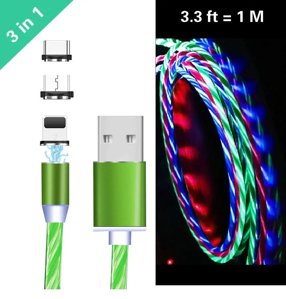 3 v 1 Magnetni Kabel za Bliskavico LED svetilka Magnet Polnilnik USB Kabel 1M Za iPhone Plus 8 XR XS 11 Pro MAX Samsung S10 Žice Kabel 1